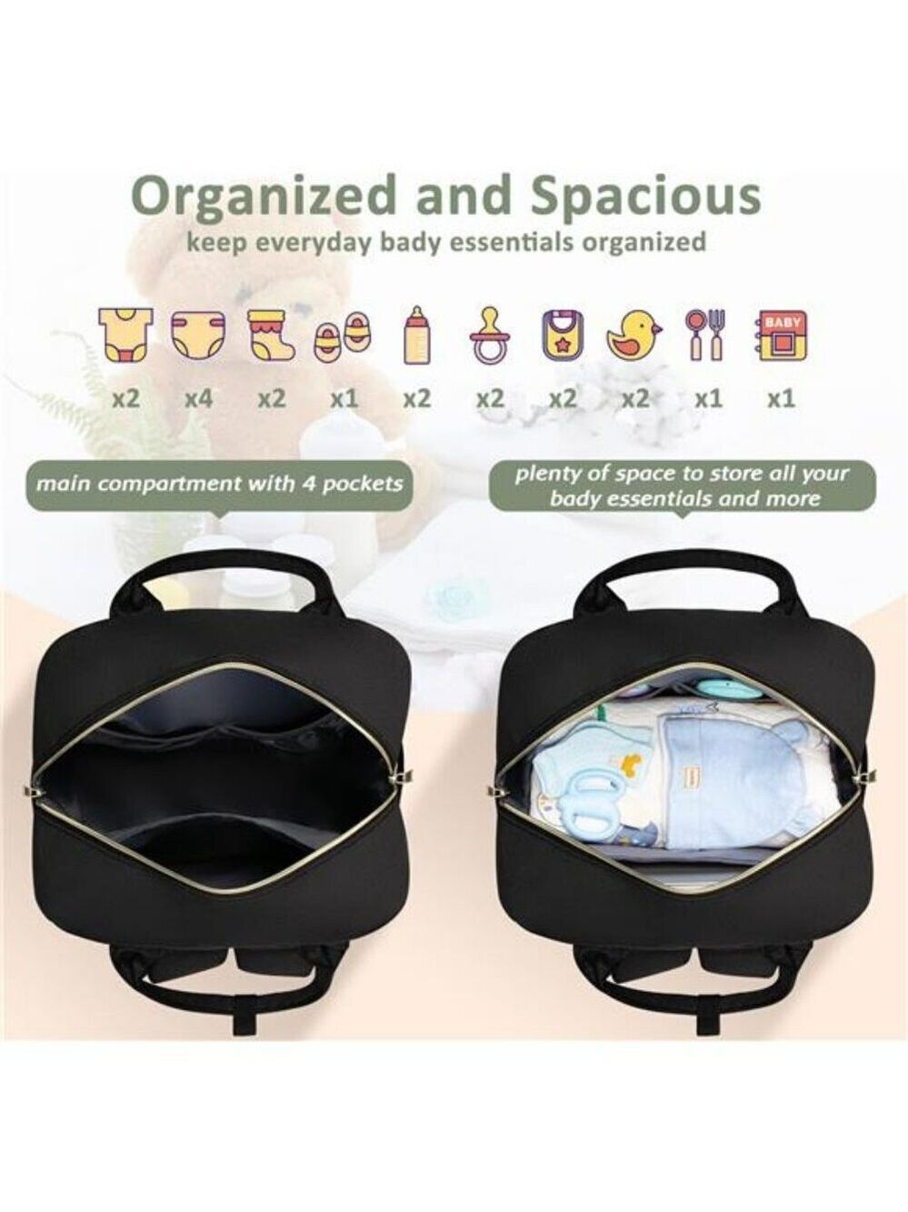 Diaper Bag Backpack Large Capacity Baby Travel Bag with Pacifier Holder Black - Picture 4 of 8